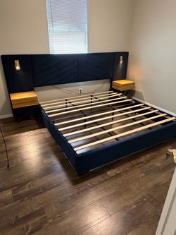 Navy Blue Upholstered Bed Frame with Nightstands
