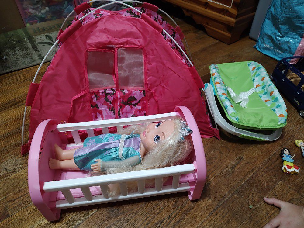 Elsa Doll And Doll Bed With Camping Tent