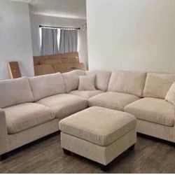 Beautiful! 4-pc Sectional Sofa With Ottoman Ivory Corduroy Fabric 