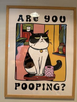 Funny Cat Bathroom Print - Are You Pooping? Framed 18x24