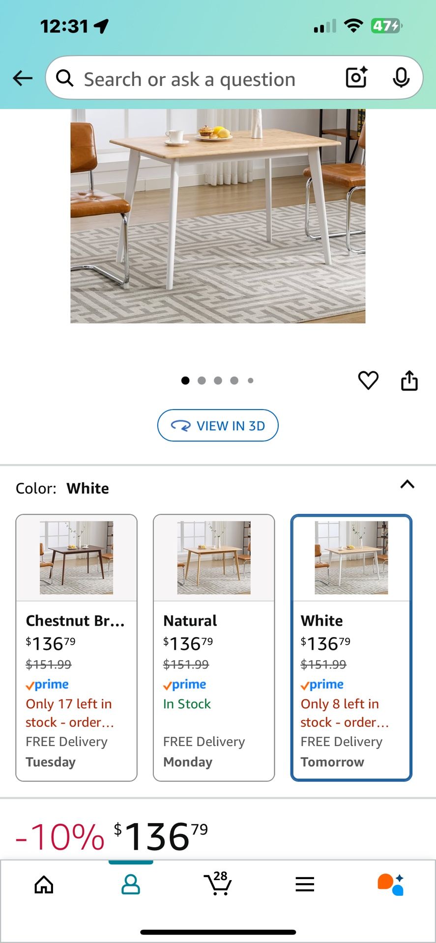 100% Solid Bamboo Wooden Rectangular  Dining Table 47” Free Shipping 