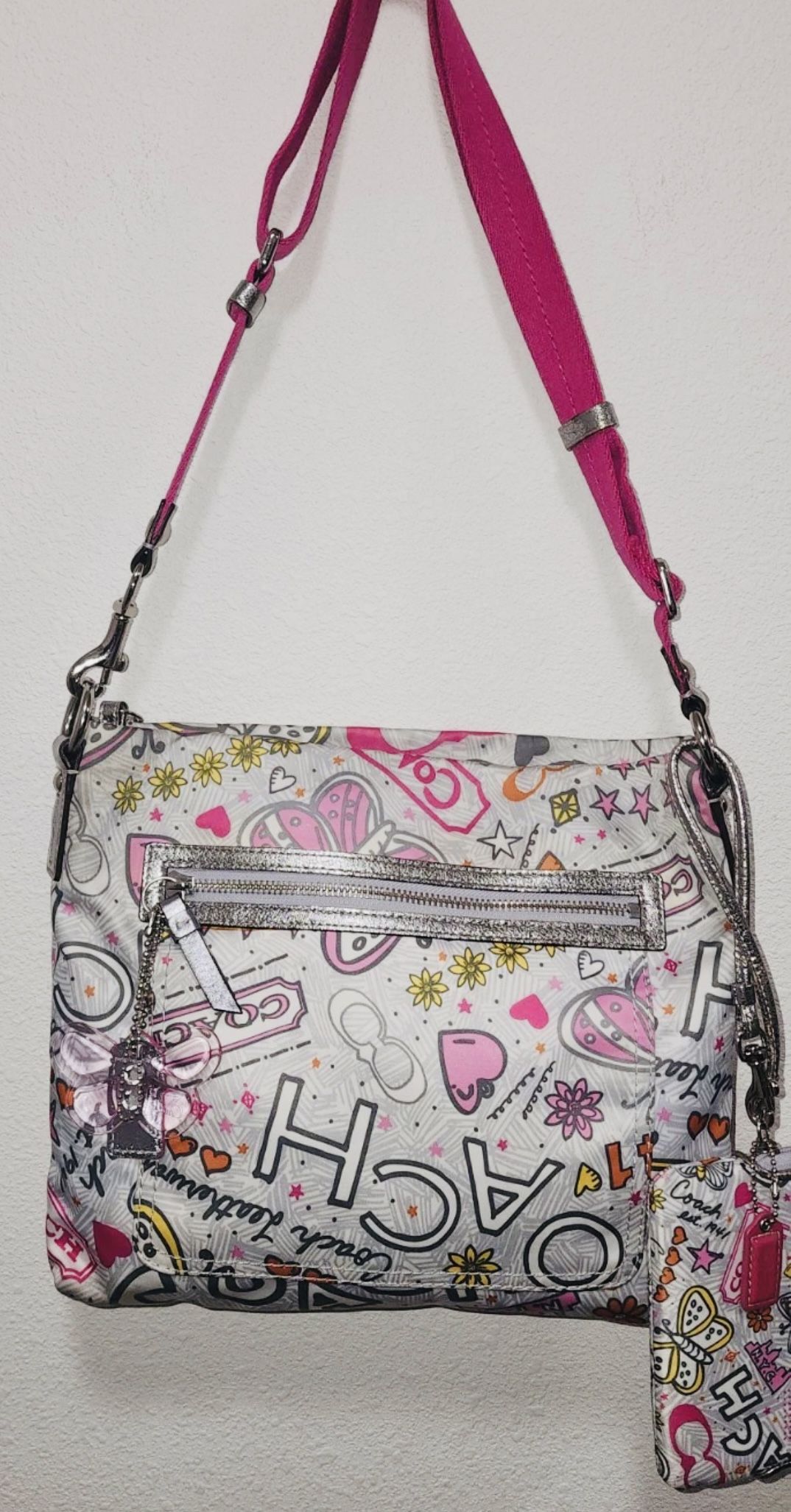 Coach Poppy Butterfly Graffiti Crossbody Purse Bag Vintage With Wrist Wallet