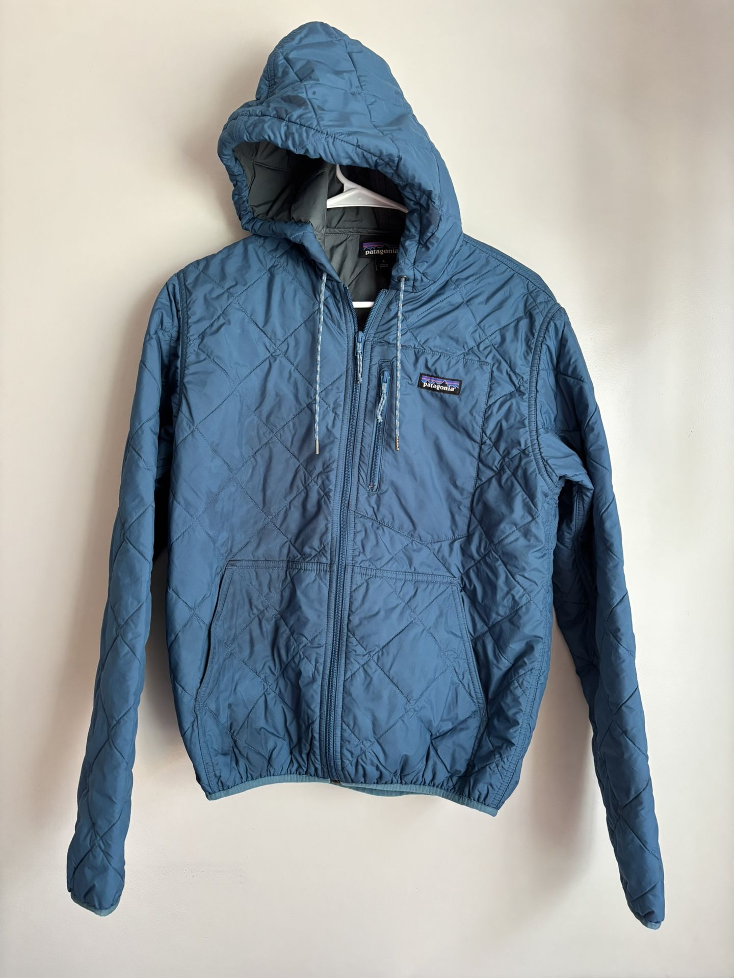 Patagonia Women's Diamond Quilted Bomber Hoody Blue Teal Hooded Mid Weight 