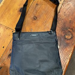 Tumi Gray Nylon Crossbody Bag with Black Leather Trim and Silver Accents