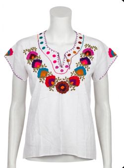 White Floral Embroidered Mexican Blouse