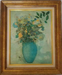 Framed Turquoise & Gold  Print - Vase with Flowers