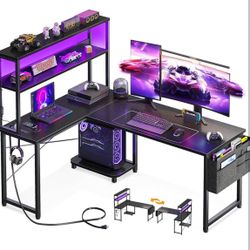 AODK L Shaped Desk Gaming Desk with LED Light & Power Outlet, 53 Inch Reversible L Shaped Computer Table with Shelf & Storage Bag & Hook for Home Offi