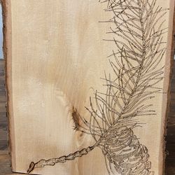 rustic woodsy 10x13 pine wall hanging  with pine bough pinecone wood burned into face 