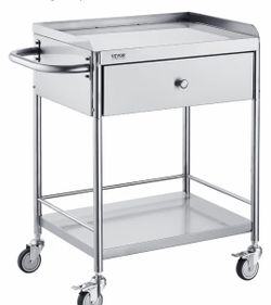 Medical Cart, 2-Layer Stainless Steel Cart 220 lbs Weight Capacity, Lab Utility Cart with 360° Silent Wheels and a Drawer for Lab, Clinic, Kitchen, Sa