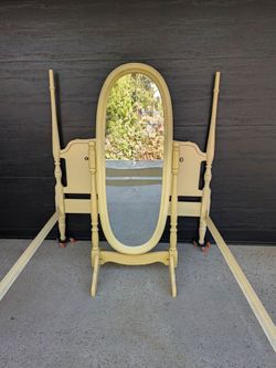 Butter Yellow Cream French Provincial Four-Poster Full Size Bed Frame and Matching Cheval Mirror