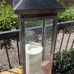 Large Outdoor Metal & Glass Lantern with LED Candle - Modern Patio Decor