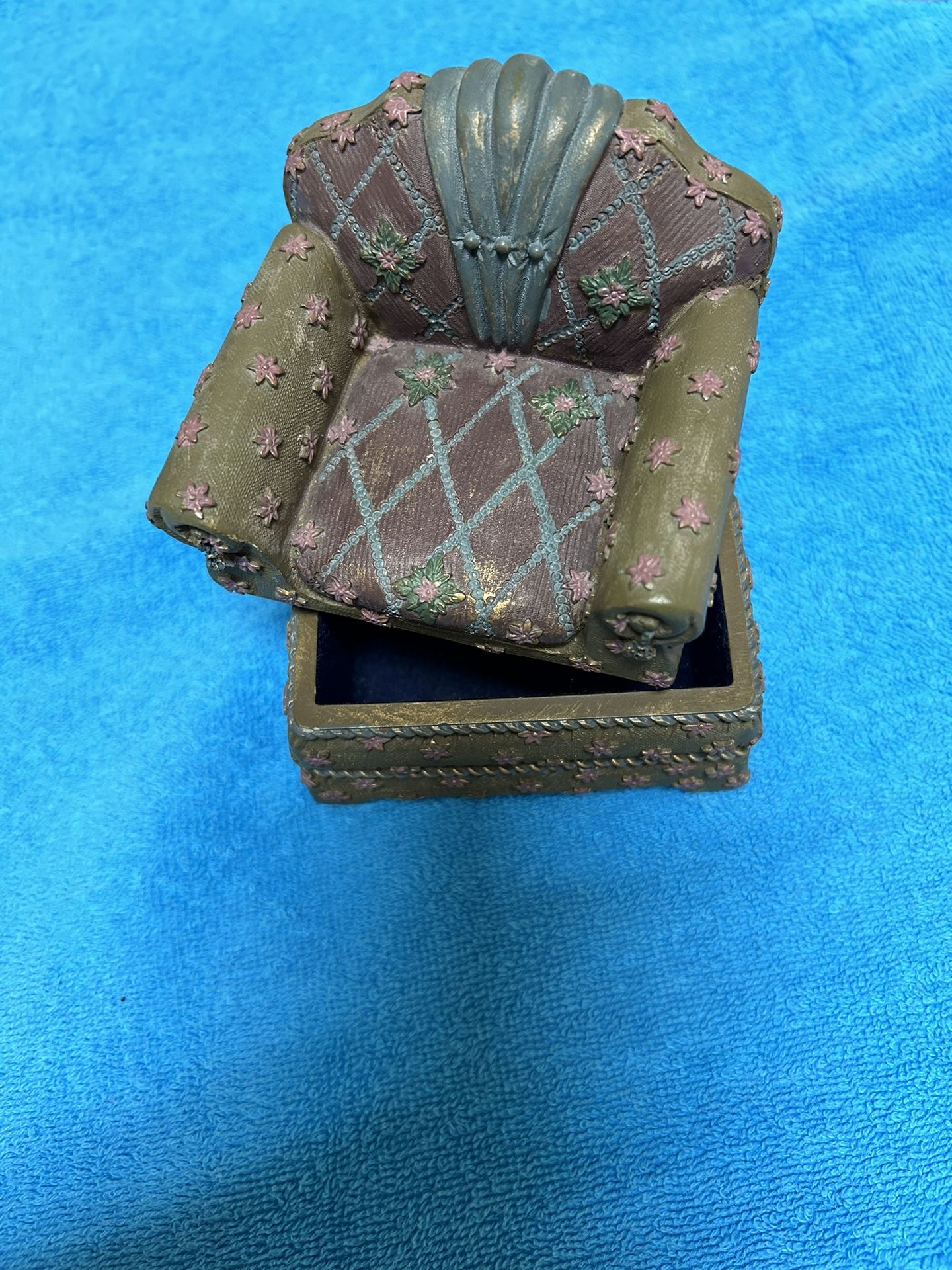 Mini Chair, Trinket Box Olive Green/Mauve Flowers