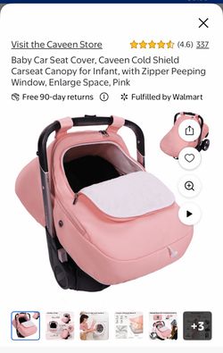 Baby Car Seat Cover, Caveen Cold Shield Carseat Canopy for Infant, with Zipper Peeping Window, Enlarge Space, Pink