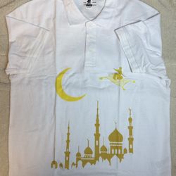 One of One White Premium Cotton Polo Shirt Gold Mosque & Crescent Art Design Size US Large