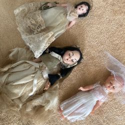 3 Small Celluloid Dolls  Wedding Dresses