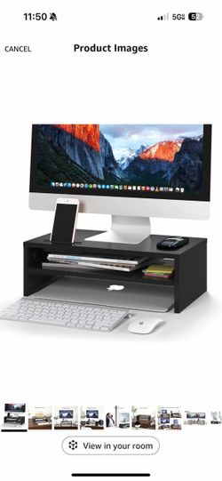 Wooden Monitor Stand Riser, 2-Tier Desk Storage Shelf, Black 16.7-Inch Desktop Organizer Fits Laptop, Computer Screen and Office Supplies