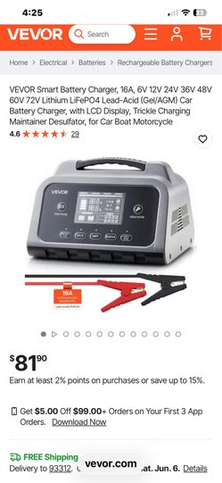 Smart Battery Charger, 16A, 6V 12V 24V 36V 48V 60V 72V Lithium LiFePO4 Lead-Acid (Gel/AGM) Car Battery Charger, with LCD Display, Trickle Charging Mai