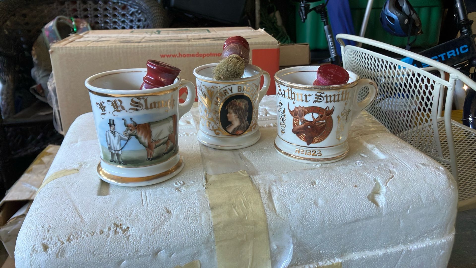 3 Antique Barber Cups And Brush’s With Original Owner Names