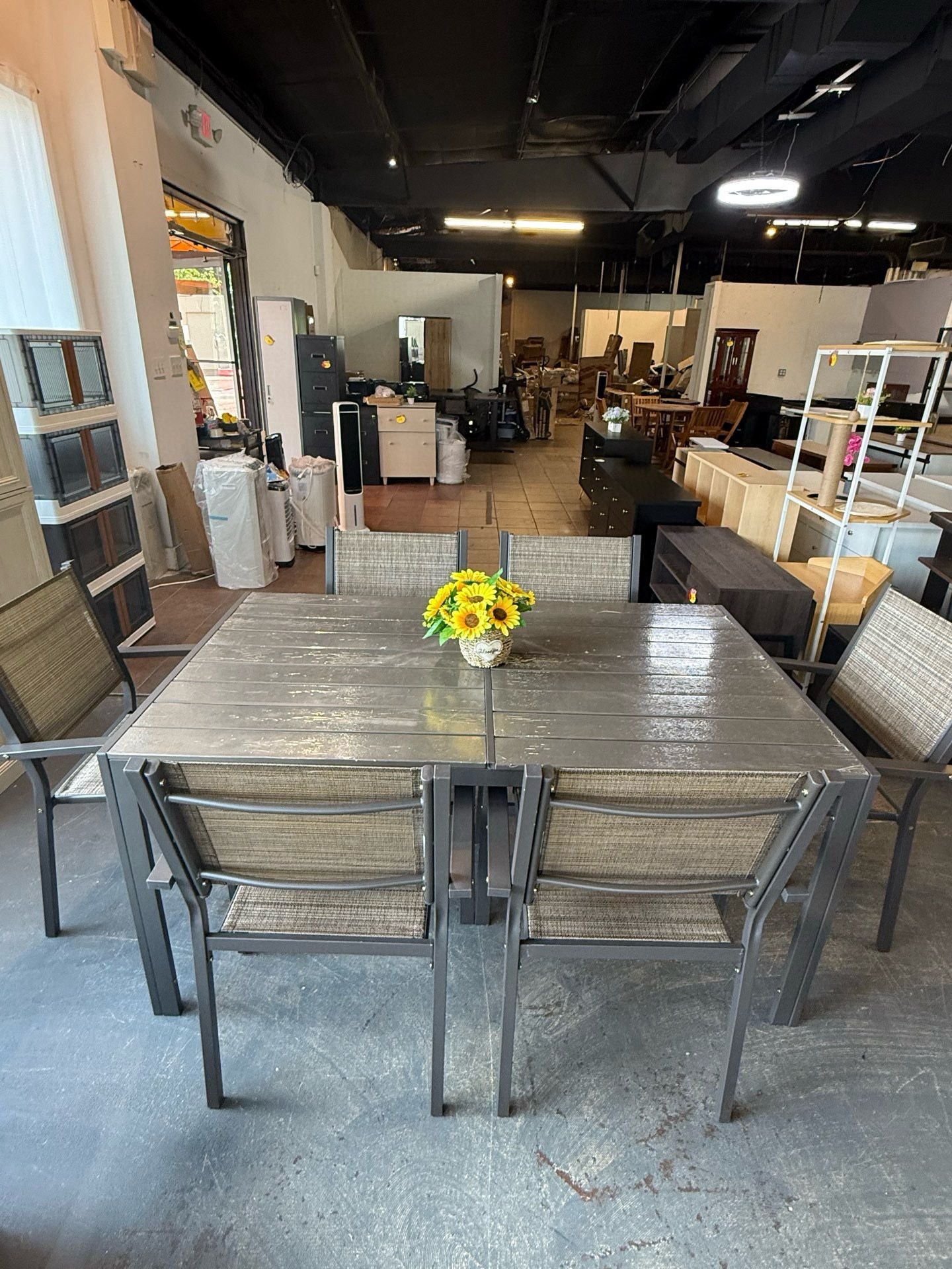🔥Set of 7🔥Patio Dining Table and Chair Set, Outdoor Rectangular Faux Wood Laminated Tabletop and Stackable High Back Dining Chairs, Breathable Seat 