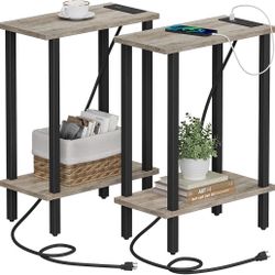 TUTOTAK Pair of 22.5” Narrow Side Table with Charging Station, Greige