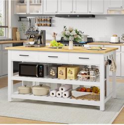 60" Solid Rubberwood Kitchen Island with Power Outlets - Extra Large Work Surface, 3 Drawers & 2 Open Shelves Storage Cabinet for Kitchen Dining Room,