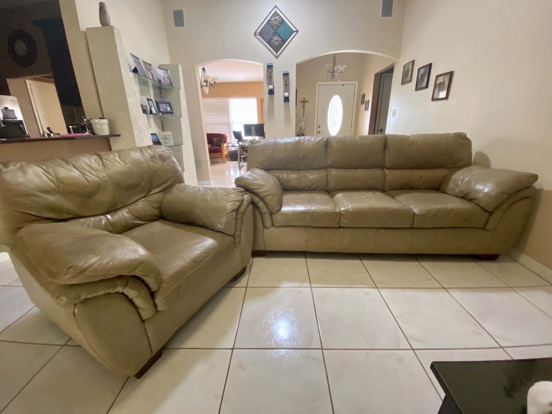 Living Room Tan leather couch set