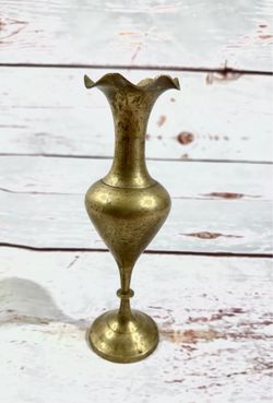 Vintage Solid Brass Bud Vase Scalloped Top  Made In India 9” Tall Patina decor