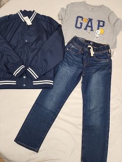 Gap Kids Boys Varsity Jacket Shirt Medium 8  & Jeans 7