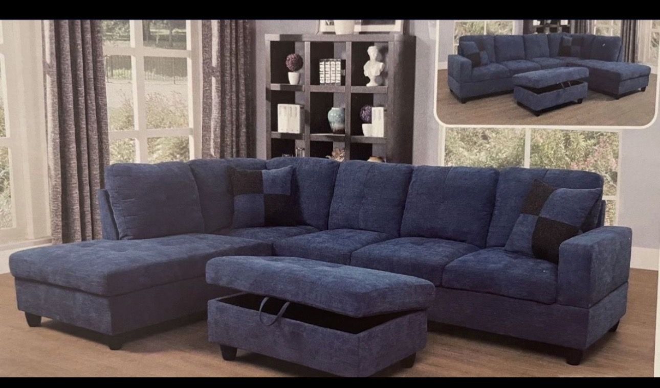 Blue microfiber sectional couch and ottoman