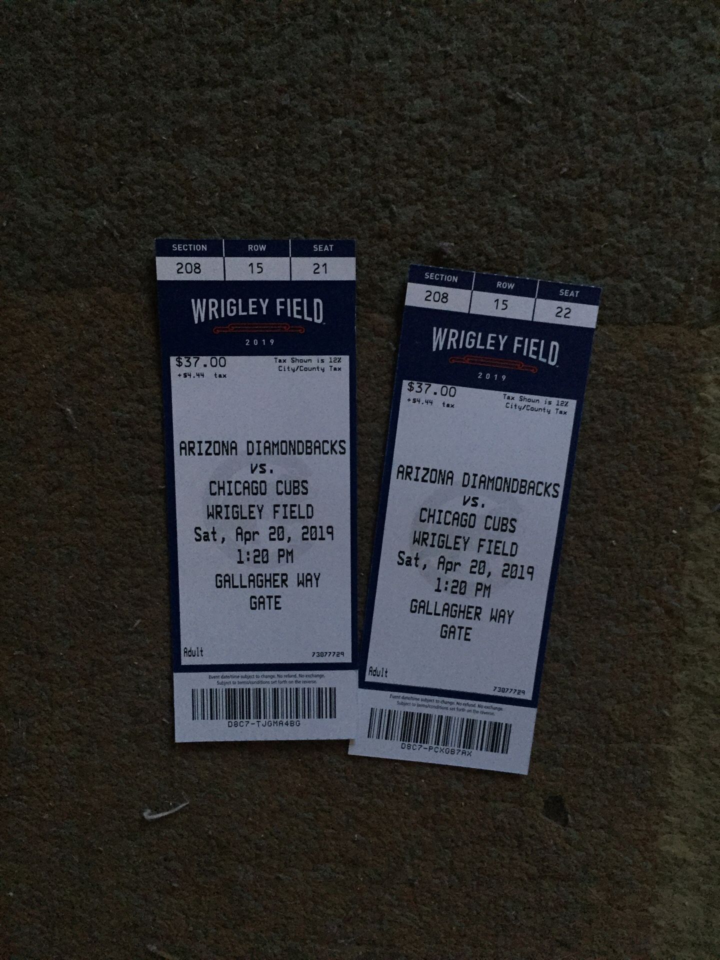 2 cub tickets for sale Saturday game 37 dollars each