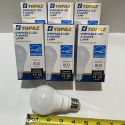 6 Pack of Topaz LED bulbs 800 Lumens 60w. LA19/9w/30k/D