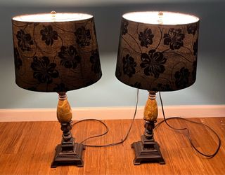 Set Of 2 Table Lamps With Dark Floral Patterned Drum Shades