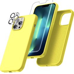 iPhone 13 Pro Max Liquid Silicone Protection Shockproof Case with 2 Pack Screen Protector + 2 Pack Camera Lens Protector - Yellow