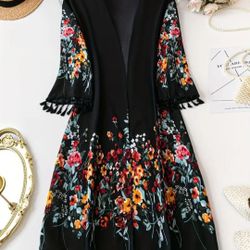 Chic Blossoming Floral Print Tasseled Hem Front Open Long Sleeves Women's Kimono