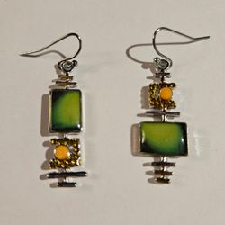 Green Enamel Dangle Drop Earrings