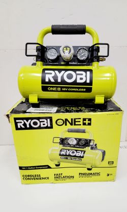 Ryobi ONE+ 18V 1 gallon air compressor, model P739, is green and black. It has a maximum pressure of 120 PSI and includes a built-in handle for portab