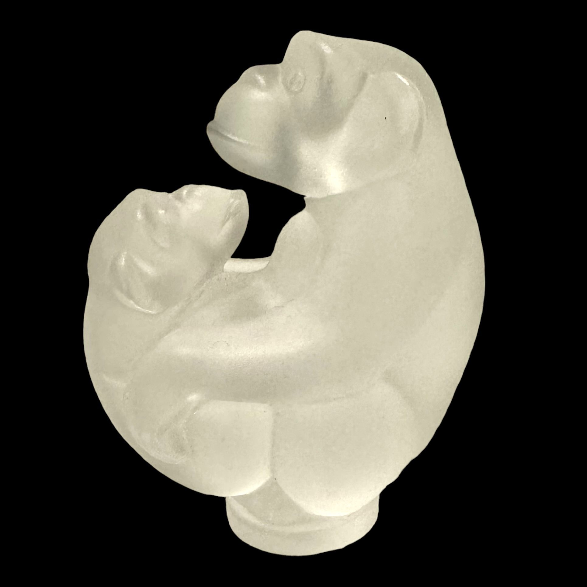 Cristal De Sevres France Frosted Clear Art Glass Monkey & Baby Paperweight 3”T