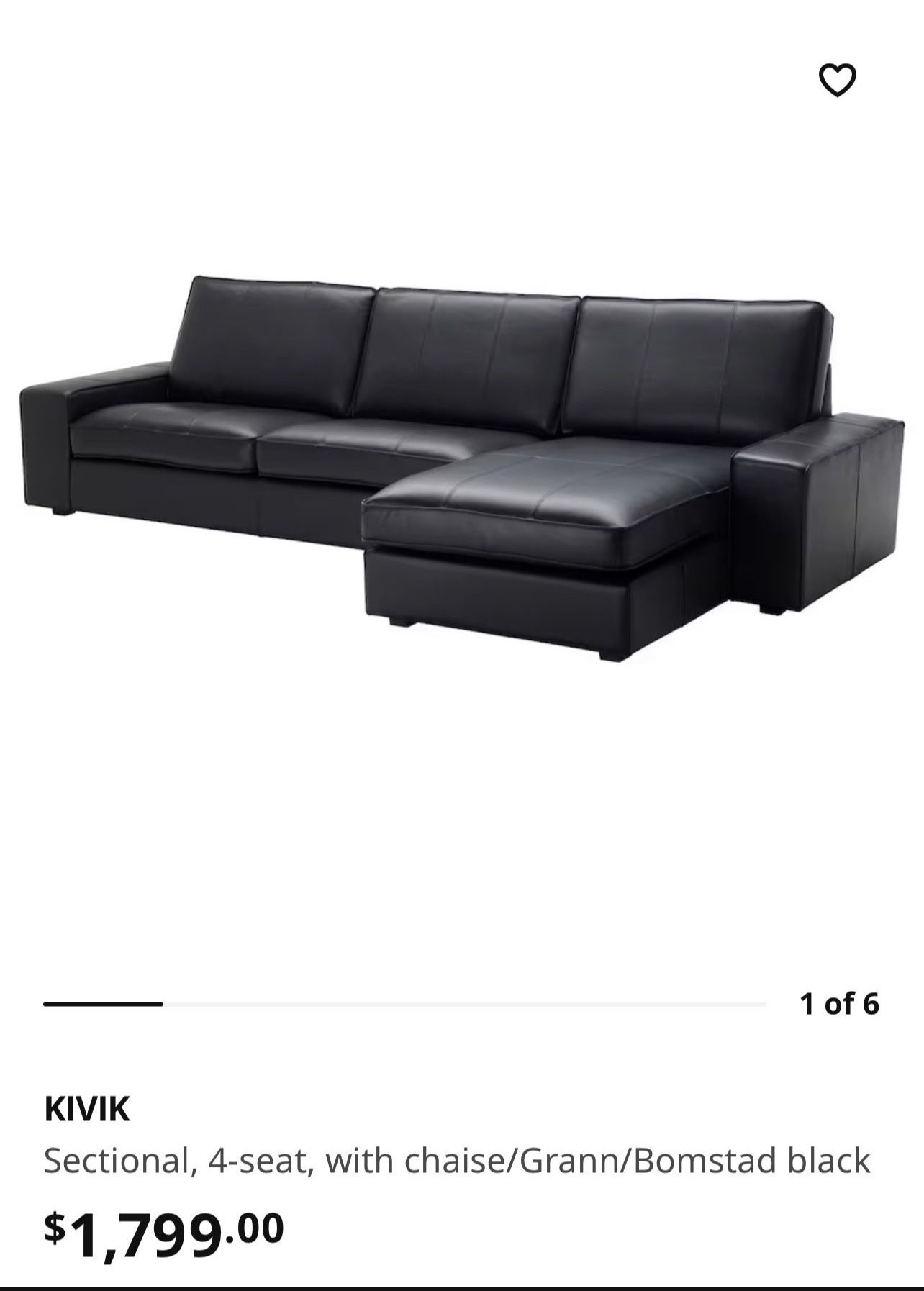IKEA KIVIK black Leather Sofa With Chaise Liunger