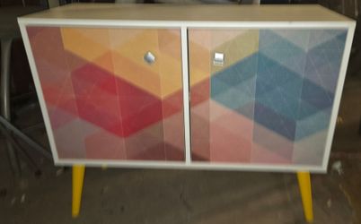 Manhattan Comfort Avesta Double Side Table in white and stamp  geometric door panels 35x14x27