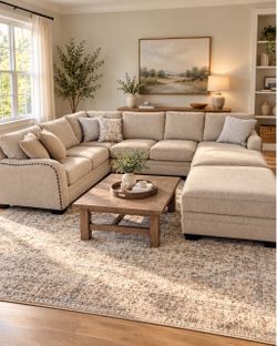 Large Beige U-Shaped Sectional w/ Chaise & Ottoman