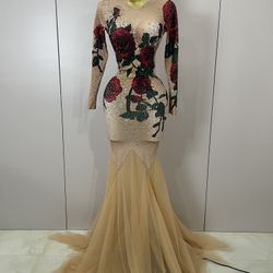 Sexy Shiny Rhinestones Rose Floral Floor Length  ,dress 