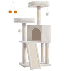 Cat Tree, 45.3-Inch Cat Tower, Plush Condo with Scratching Post, Ramp, Perch, Spacious Cave, for Small Space, Cream White UPCT141W02