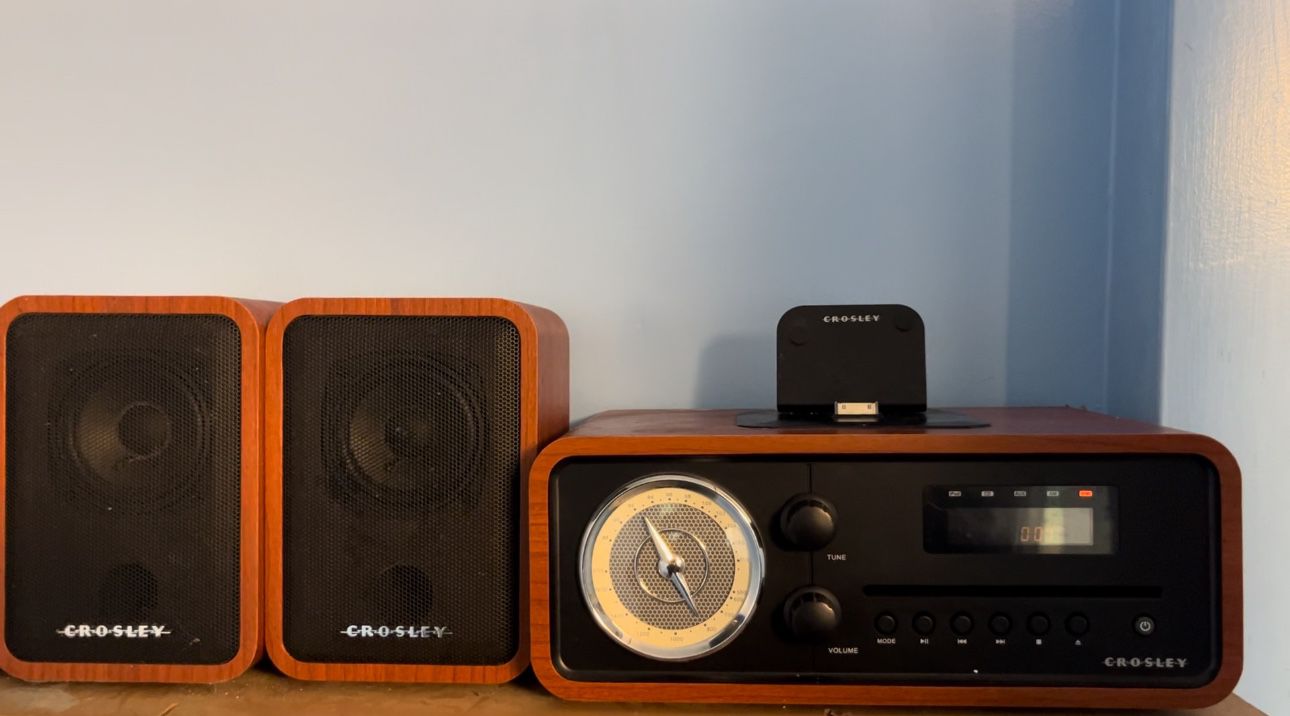 Crosley Radio Audiophile Shelf System with AM/FM Radio, CD Player, and iOS Dock
