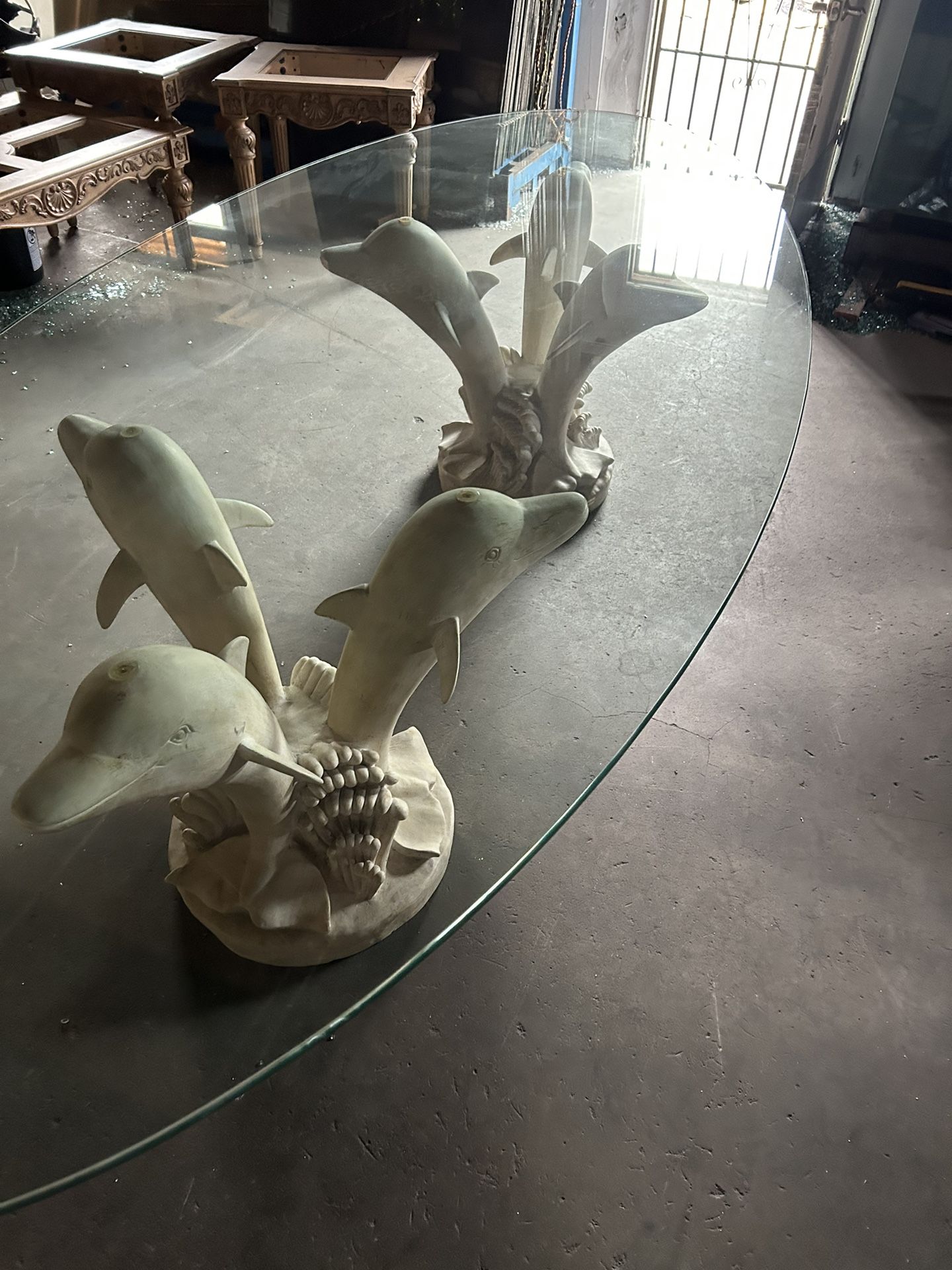 Unique Glass Top Dolphin Base, Eight Piece Dining Room Set