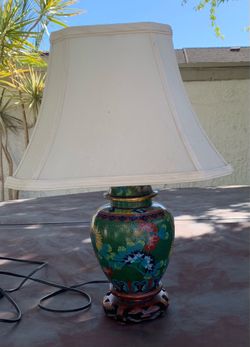Vintage Chinese Cloisonné Enamel Table Lamp with Wood Base-Floral Butterfly Design