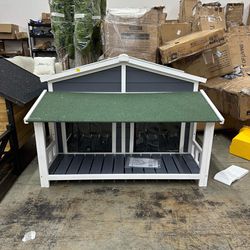 47.2" Wooden Dog House with Porch 2 Doors Asphalt Roof Elevated Floor Easy Assembly Ideal for Large Medium Small Dogs Gray