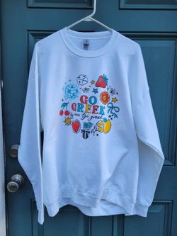 TGI Greek "Go Greek" Graphic Crewneck Sweatshirt White XL Sorority Coquette Doodle