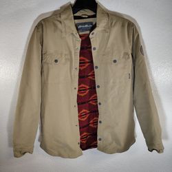 Eddie Bauer Men's Voyager Fleece-Lined Shirt Jacket in tan with a colorful southwest Aztec