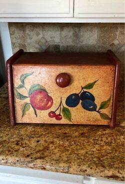 Wooden Bread Box with Hand-Painted Fruit