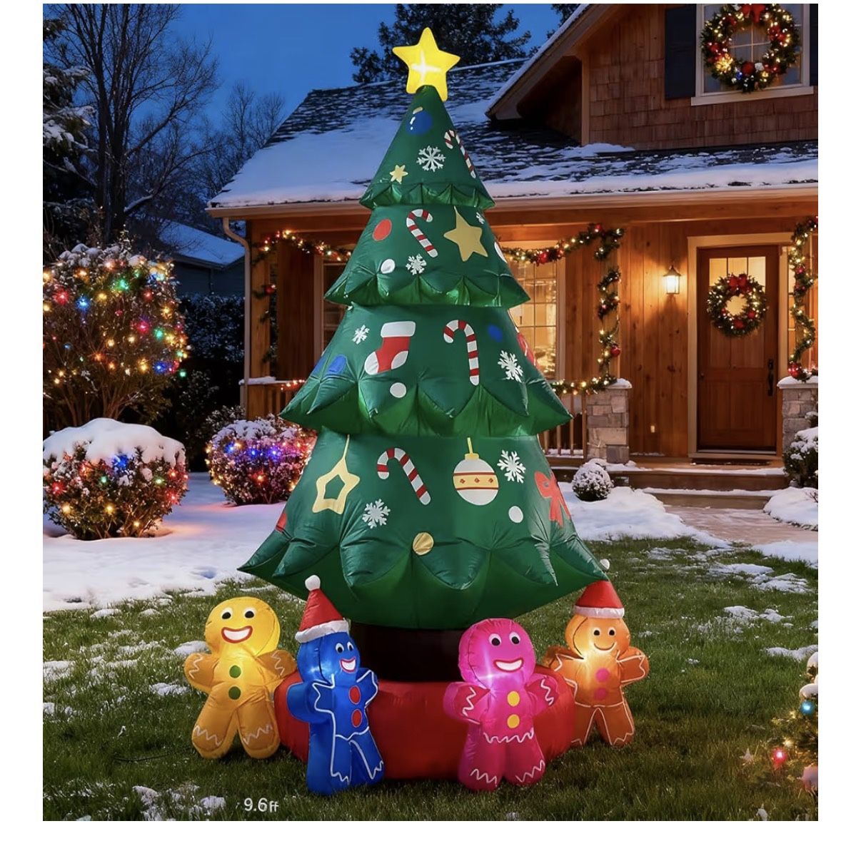 9ft Christmas Tree Decoration with Gingerbread Men Inflatable Outdoor Indoor Decor, Giant Blow Up Weatherproof Xmas Decorations for Yard, Built-in LED